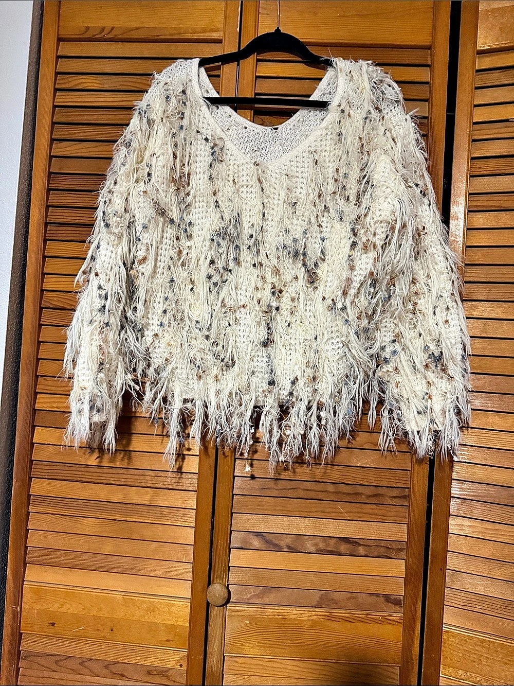 Fringe Knit Sweater in Cream & Brown Like New